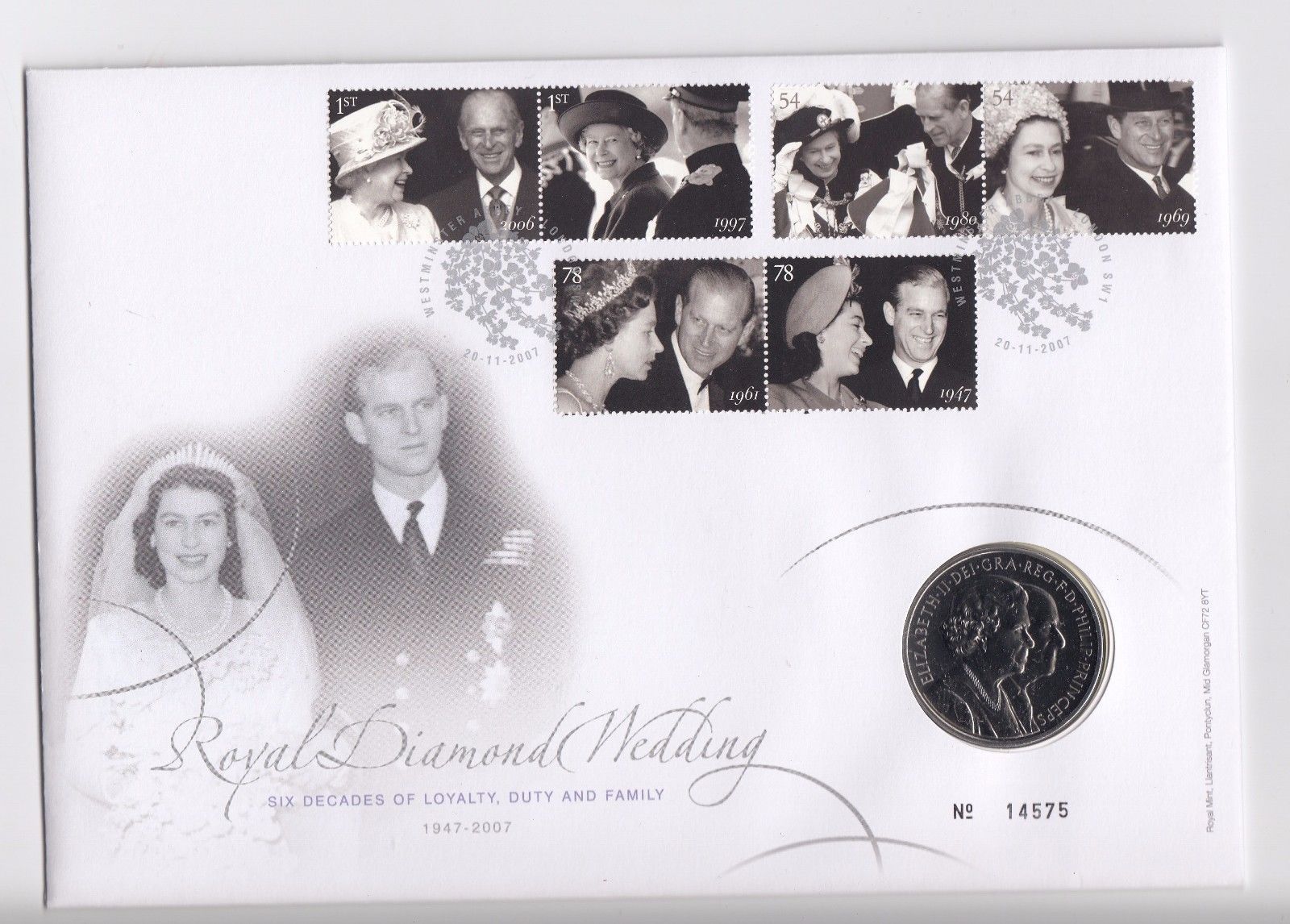 2007 Royal Diamond Wedding First Day Five Pound Coin Cover