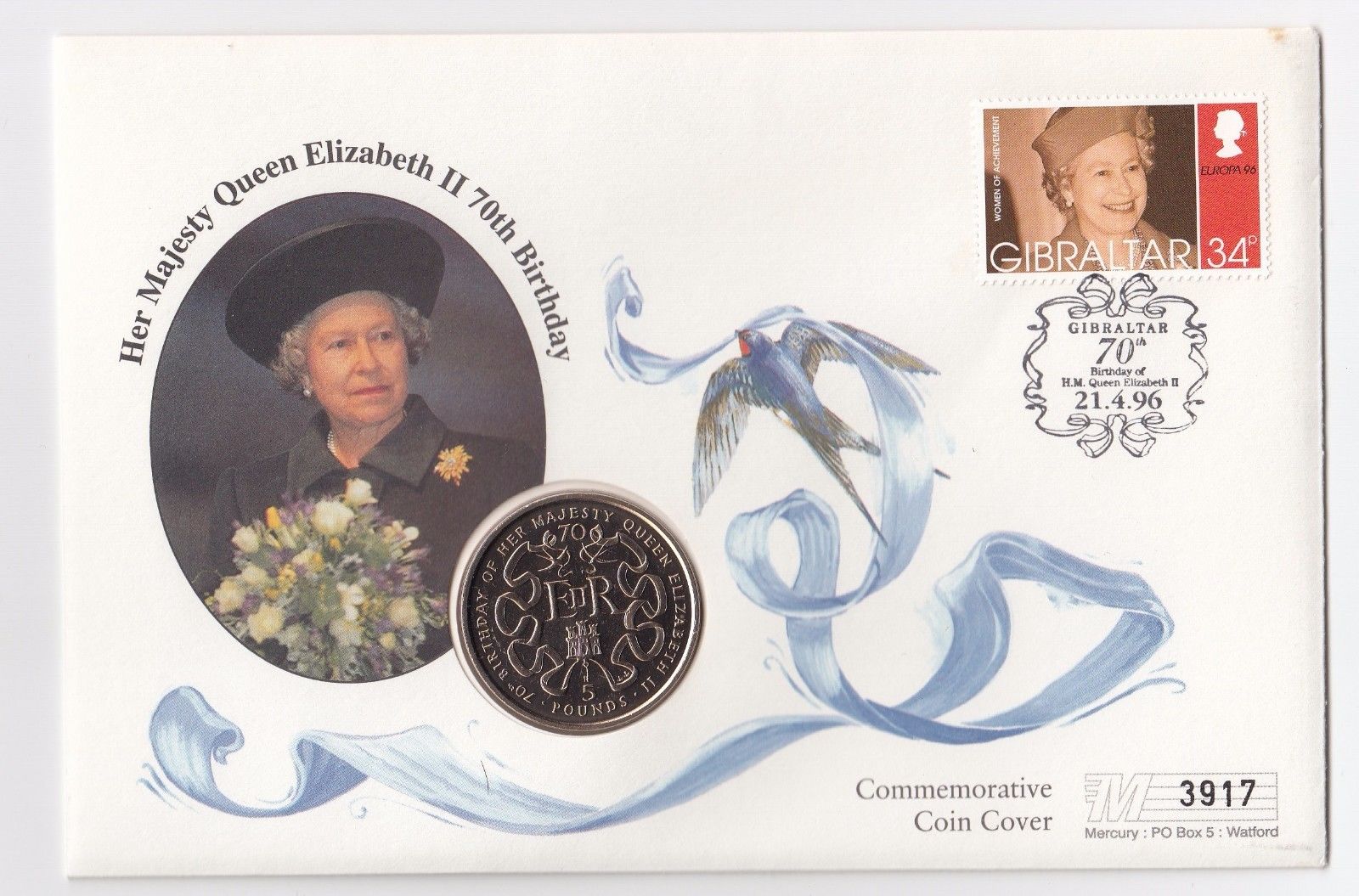 1996 Gibraltar QE II 70th Birthday Five Pound Coin Cover