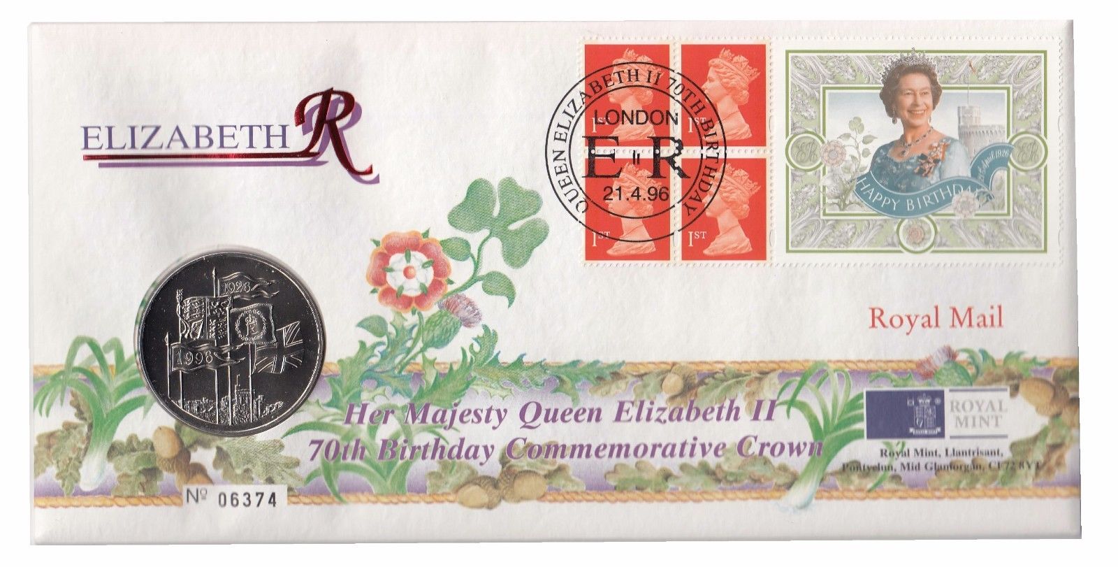 1996 Queen Elizabeth II 70th Birthday Coin Cover and Commemorative Crown